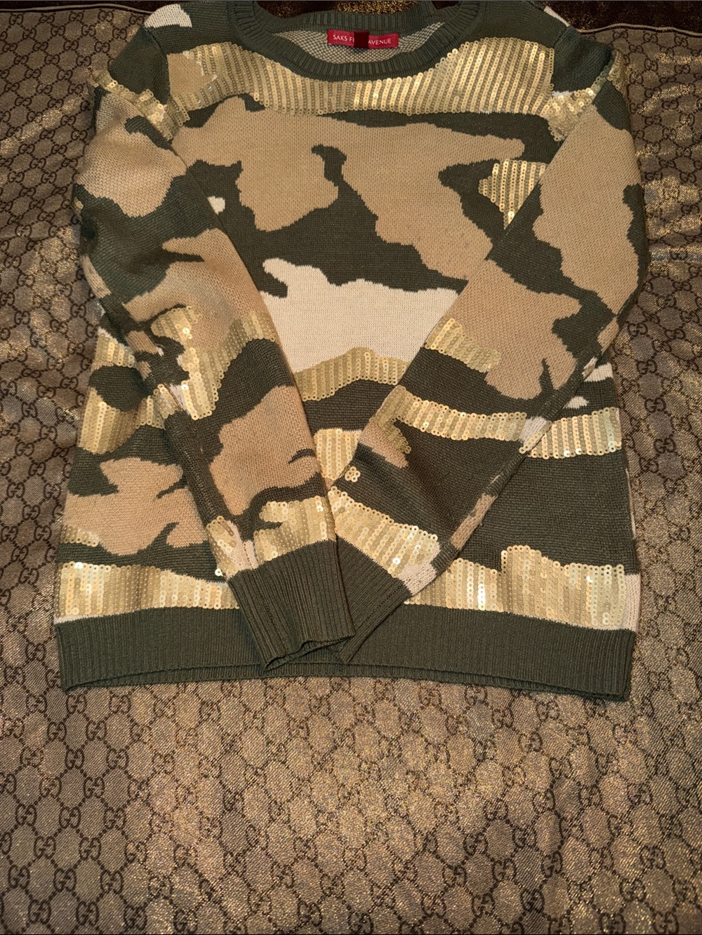 Saks Fifth Avenue Olive Green & Tan Camouflage Sequin Crewneck Sweater